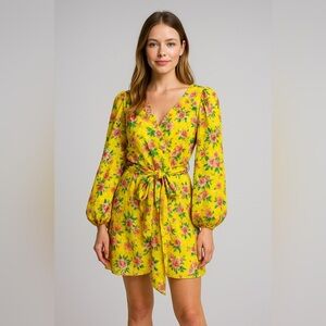 NWT SUE SARTOR Key Hole Mini Yellow Floral Silk Chiffon M